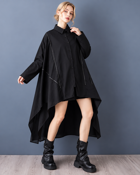 ellazhu Women's Oversized Zipper Shirt Dress Loose Long Sleeve GZ1045