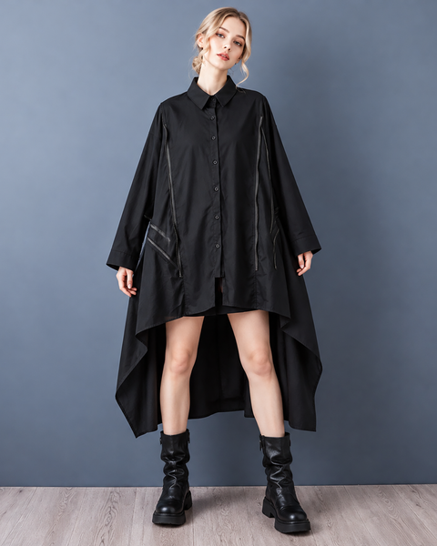ellazhu Women's Oversized Zipper Shirt Dress Loose Long Sleeve GZ1045