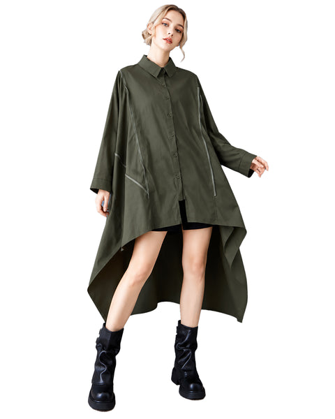 ellazhu Women's Oversized Zipper Shirt Dress Loose Long Sleeve GZ1045
