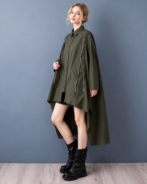 ellazhu Women's Oversized Zipper Shirt Dress Loose Long Sleeve GZ1045