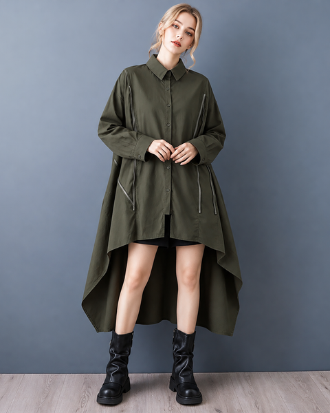 ellazhu Women's Oversized Zipper Shirt Dress Loose Long Sleeve GZ1045