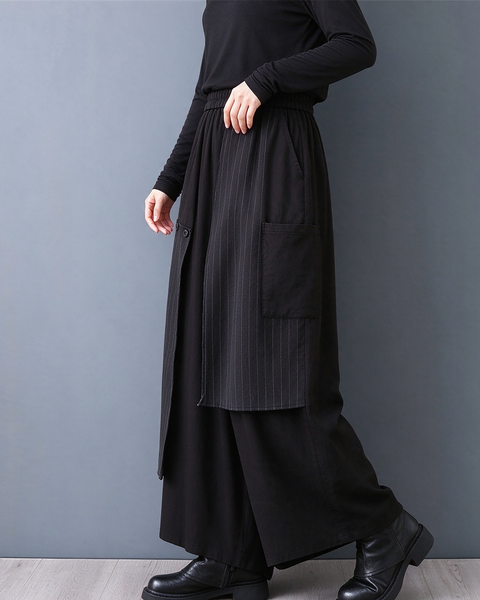 ellazhu Women's Wide Leg Pants Pinstripe Layered Culottes Pockets GZ1048