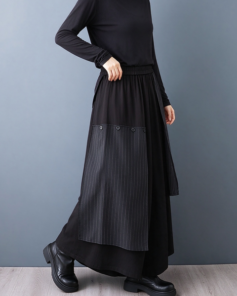 ellazhu Women's Wide Leg Pants Pinstripe Layered Culottes Pockets GZ1048