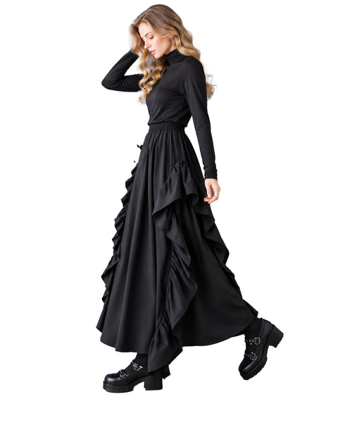 ellazhu Women's High Waist Ruffle Maxi Skirt Asymmetrical Layered GZ1051