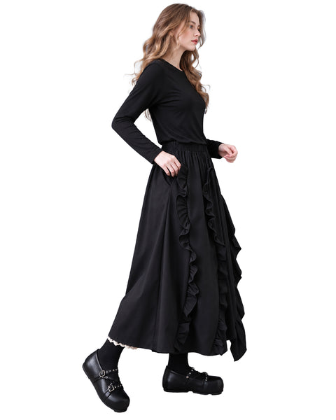 ellazhu Women's High Waist Ruffle Maxi Skirt Asymmetrical Layered GZ1051