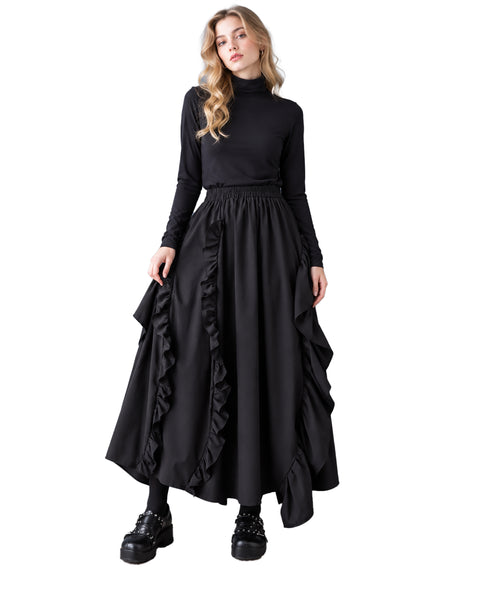 ellazhu Women's High Waist Ruffle Maxi Skirt Asymmetrical Layered GZ1051