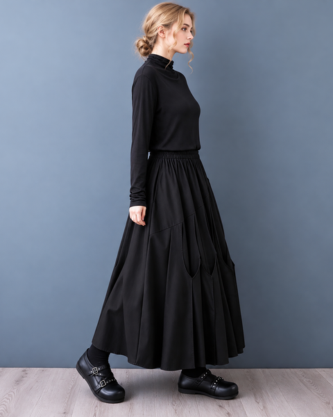 ellazhu Women's High Waist Asymmetrical Pleated Flowy Maxi Skirt GZ1053