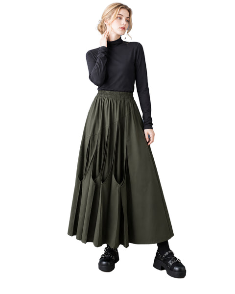 ellazhu Women's High Waist Asymmetrical Pleated Flowy Maxi Skirt GZ1053