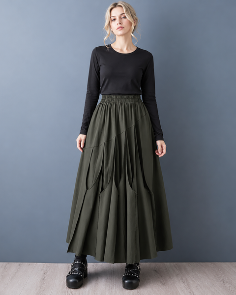 ellazhu Women's High Waist Asymmetrical Pleated Flowy Maxi Skirt GZ1053