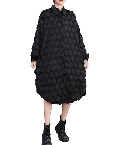 ellazhu Women's Long Sleeve Funky Color Block Lapel Button Down Shirt Dress GZ126 Black