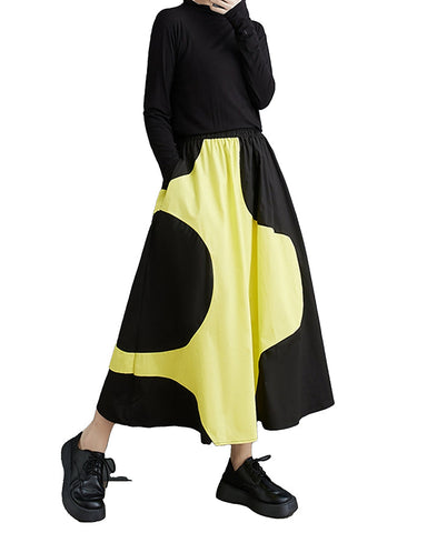 ellazhu Women's Maxi Length Elastic Waist Color Block Floral Print Dress Skirt GZ136