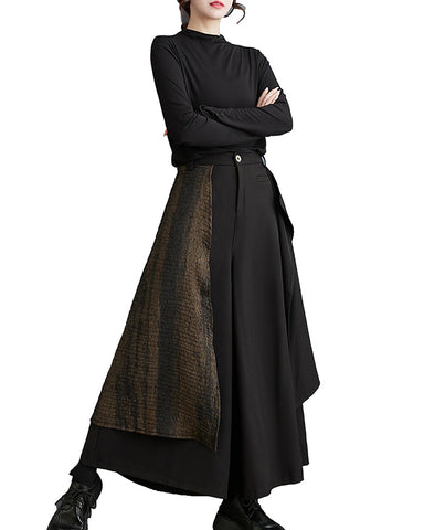 ellazhu Women's Elastic Waist Solid Color Patchwork Wide Leg Harem Skirt Pants GZ137