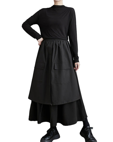ellazhu Women's Maxi Length Elastic Waist Solid Color with Pokets Dress Skirt GZ140