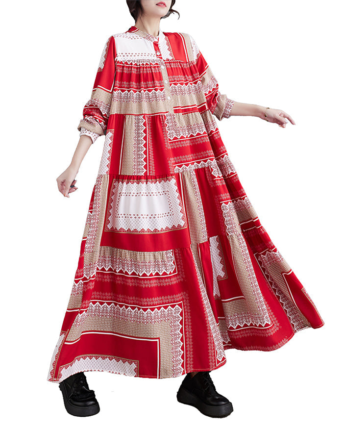 ellazhu Women's Oversized Color Block Long Sleeve Flowy Hem Dress GZ143 Red