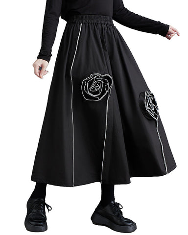ellazhu Women's Maxi Length Elastic Waist Solid Color with Floral Print Dress Skirt GZ146