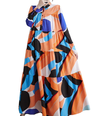 ellazhu Women's Oversized Color Block Long Sleeve Flowy Irregular Hem Dress GZ152