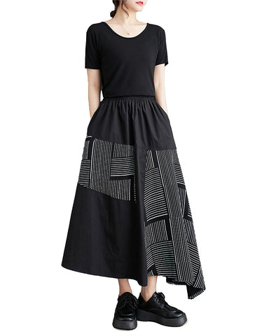 ellazhu Women's Maxi Length Elastic Waist Stripe Patchwork with Pokets Dress Skirt GZ164