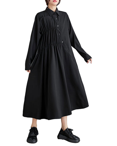 ellazhu Women's Long Sleeves Maxi Length Solid Color Flowy Hem Button Down Shirt Dress GZ165