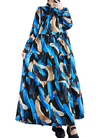ellazhu Women's Long Sleeves Maxi Length Color Block Print Casual Shirt Dress GZ173 Blue