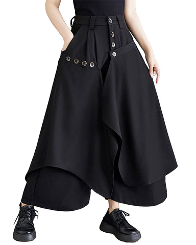 ellazhu Women's Black Culottes Irregular Wide Leg Pockets Drop Crotch Button Down GZ208