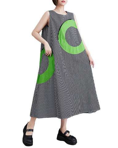 ellazhu Women's Dress Loose Oversize Sleeveless Tank Grey String Green Round Mid Length Summer GZ217