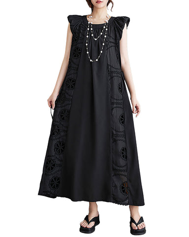ellazhu Women's Dress Sleeveless Tank Crewneck Solid Black Pattern Oversize Loose Long Length Summer GZ235