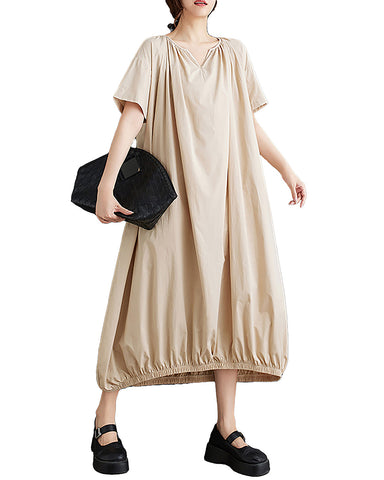 ellazhu Women's Dress Short Sleeve V Neck Below Knee Solid Color Oversize Loose Casual Summer GZ236