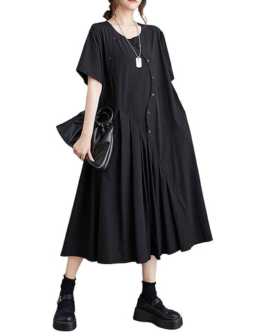 ellazhu Women's Shirt Dress Button Down Crewneck Short Sleeve Patchwork Flowy Hem Solid Pocket GZ242