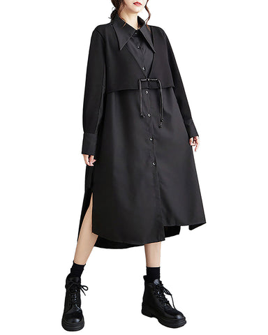 ellazhu Women's Shirt Dress Lapel Button Down Long Sleeve Irregular Split Hem Patchwork Solid Black GZ245