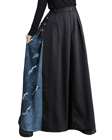 ellazhu Women's Pants Button Black Blue Pattern Patchwork Loose Oversize Length to Ankle GZ253