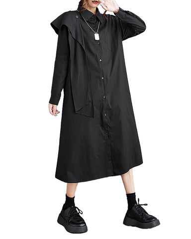 ellazhu Women's Shirt Dress Button Down Lapel Solid Black Long Sleeve Pocket Loose Oversize GZ254