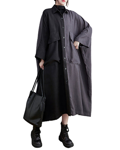 ellazhu Women's Shirt Dress Button Down Lapel Long Sleeve Two Side Pockets Flowy Irregular Hem GZ256 Black