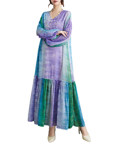ellazhu Women's Dress V-Neck Long Sleeve Mixed Color Patchwork Flowy Hem Loose Oversize Casual GZ269 Purple