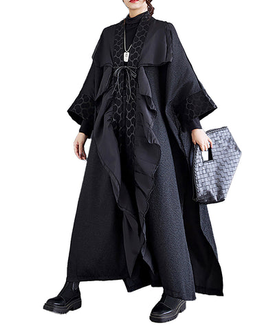 ellazhu Women's Coat Solid Black Long Sleeve Split Flowy Hem Oversize Length to Ankle Loose Fall GZ271