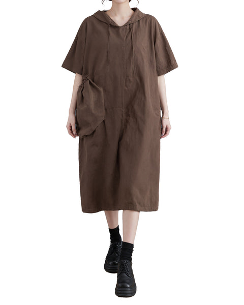 ellazhu Women's Hooded Maxi Dress Short Sleeve Oversized Cotton Blend Patch Pocket A Line Loose Casual Plus Size GA2782