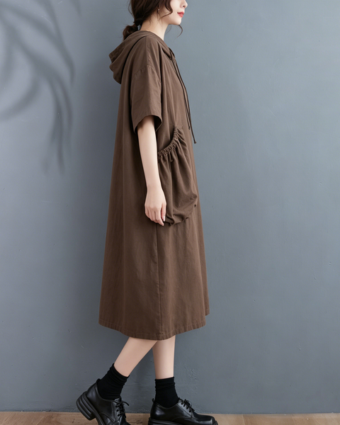 ellazhu Women's Hooded Maxi Dress Short Sleeve Oversized Cotton Blend Patch Pocket A Line Loose Casual Plus Size GA2782