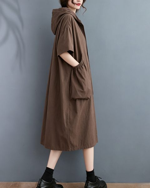 ellazhu Women's Hooded Maxi Dress Short Sleeve Oversized Cotton Blend Patch Pocket A Line Loose Casual Plus Size GA2782