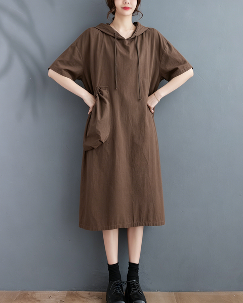ellazhu Women's Hooded Maxi Dress Short Sleeve Oversized Cotton Blend Patch Pocket A Line Loose Casual Plus Size GA2782