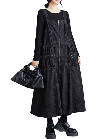 ellazhu Women's Dress Coat Strap Shoulder Zipper Two Side Pockets Flowy Hem Solid Color Loose Oversize GZ279