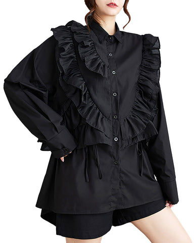 Women's Shirt Lapel Button Down Long Sleeve Flowy Hem Solid Color Lace Loose Oversize Fall GZ281