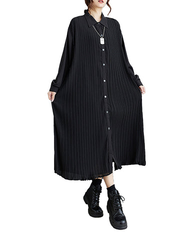 ellazhu Women's Dress Lapel Button Down Long Sleeve Flowy Hem Stripe Solid Color Loose Oversize Fall GZ282