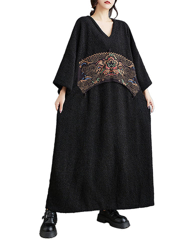 ellazhu Women's Maxi Dress V-Neck Long Sleeve Solid Black Color Flowy Hem Pattern Loose Oversize Fall GZ286