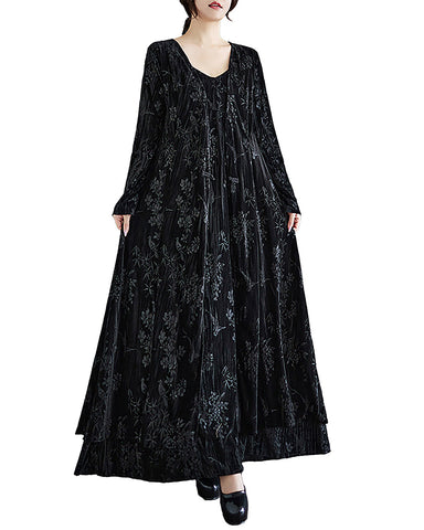 ellazhu Women's Dress Long Sleeve V-Neck Flowy Hem Floral Black Length to Ankle Loose Oversize GZ290