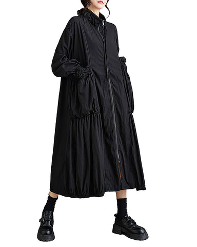 ellazhu Women's Dress Coat High Neck Two Side Pockets Zipper Flowy Hem Solid Color Loose GZ293