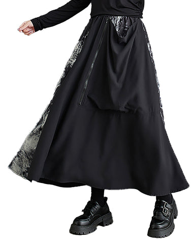 Women's Skirt Elastic Waist Zipper Pocket Ink Pattern Patchwork Flowy Hem Loose Oversize GZ300 Black