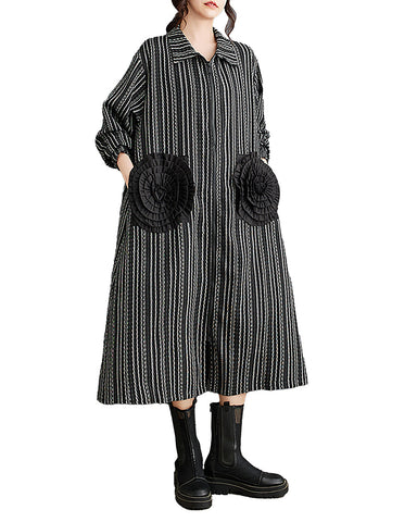 ellazhu Women's Dress Lapel Zipper Long Sleeve Stripe Black Flowers Flowy Hem Loose Oversize GZ302