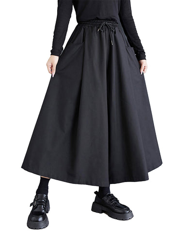 ellazhu Women's Pants Skirt Elastic Waist Wide Leg Pockets Solid Color Baggy Loose Oversize Trouser GZ317