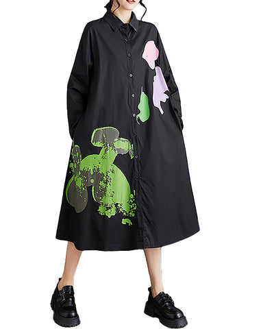ellazhu Women's Shirt Dress Lapel Button Down Long Sleeve Patchwork Mid Length Loose GZ328