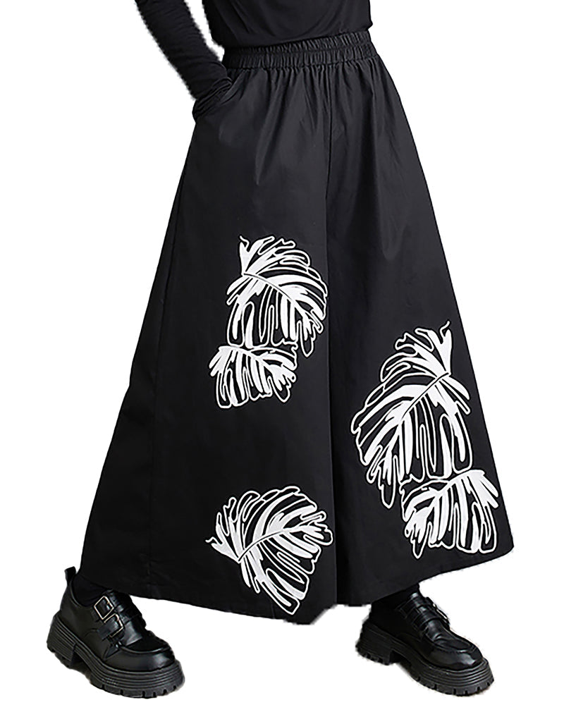 ellazhu Women's Pants Elastic Waist Pocket Wide Leg Flowy Hem Black Pattern Baggy Loose GZ329