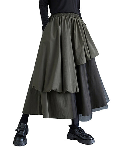 ellazhu Women's Skirt Casual High Waist Mid Length Loose Oversize Guaze Solid GZ335 Army Green